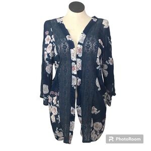 Feitong Open Front Cárdigan Women’s Size XL Color Blue Floral Short Sleeves Lace
